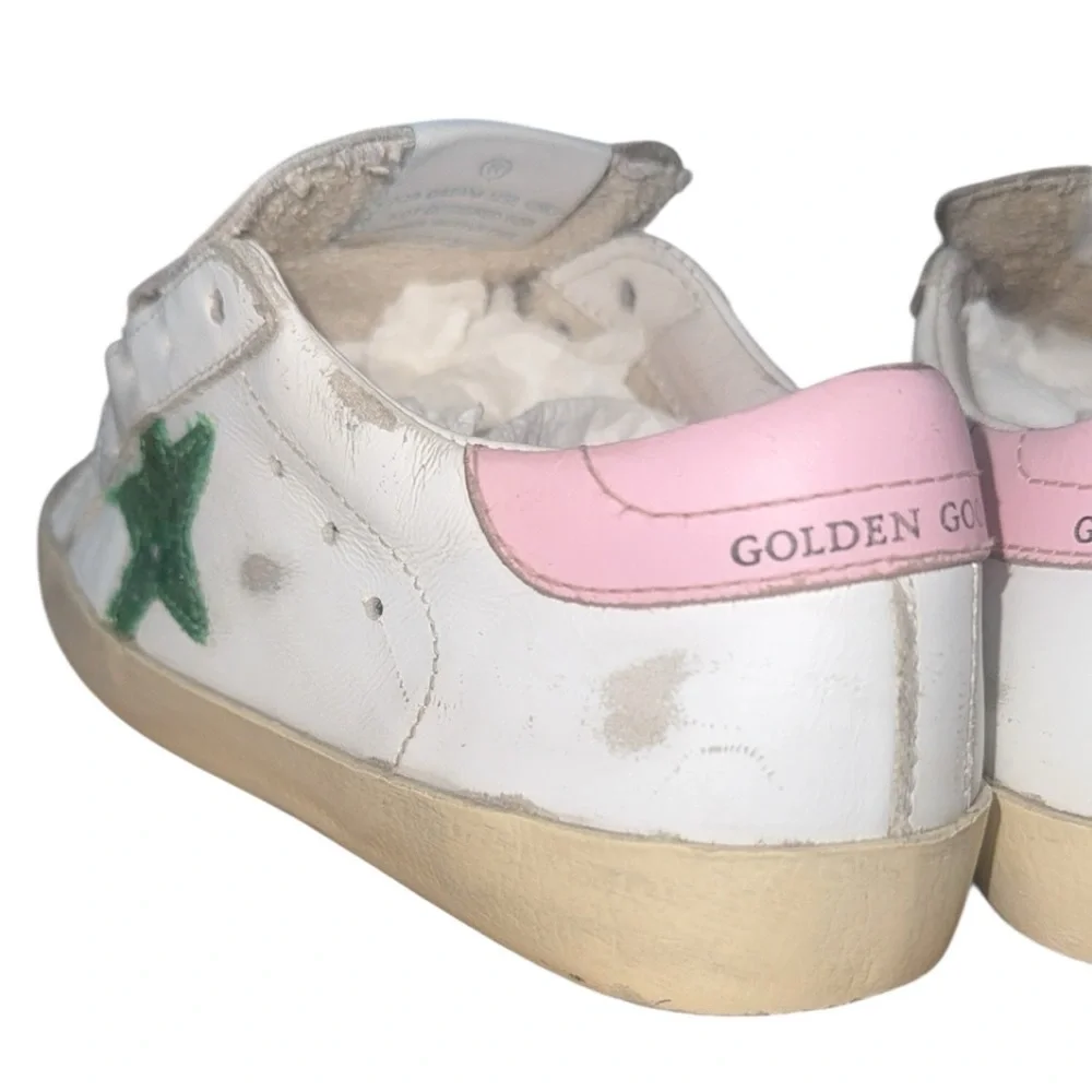 Authentic Golden Goose Superstar Girls White Green‎ Glitter Sneakers Size 13.5